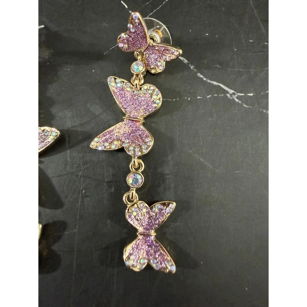Betsey Johnson Purple Glitter Butterfly 2.5in Gold Tone Drop Earrings